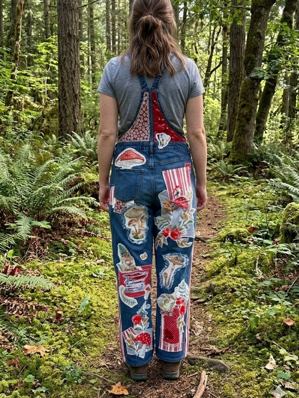 Patchwork Blue Denim Overalls Mushroom Motif Patchwork & A Bit Of Sequin 8/29 - Picture 2 of 14